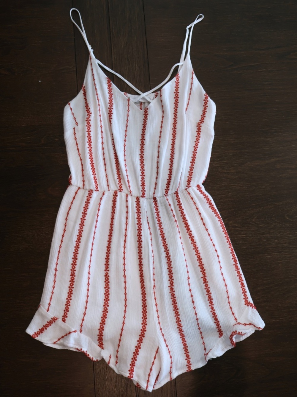 LUSH White Red Embroidered Romper Small Striped Strappy Boho Festival